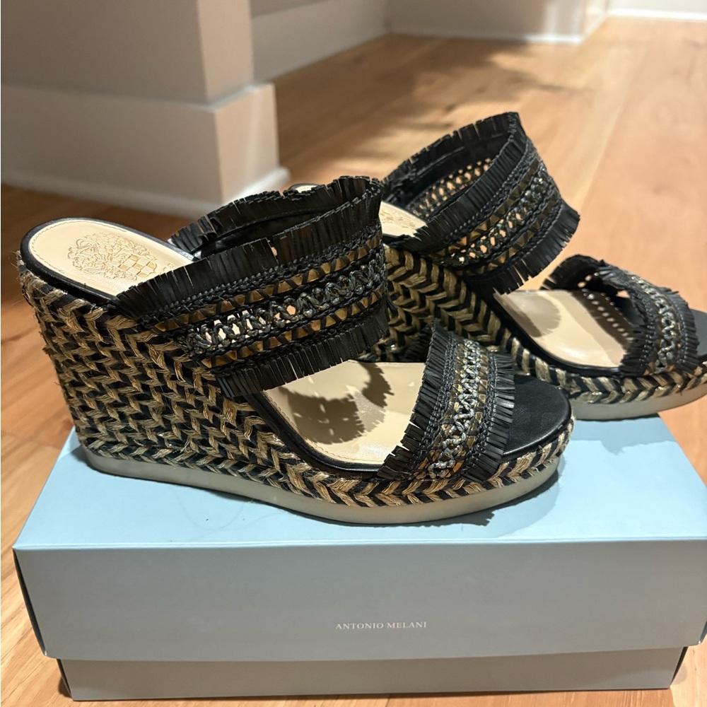 Vince Camuto Black and Tan Woven Wedges